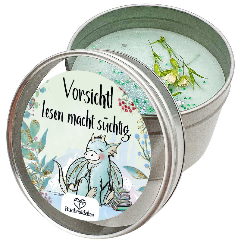 Kerze in Dose »Buchdrache«