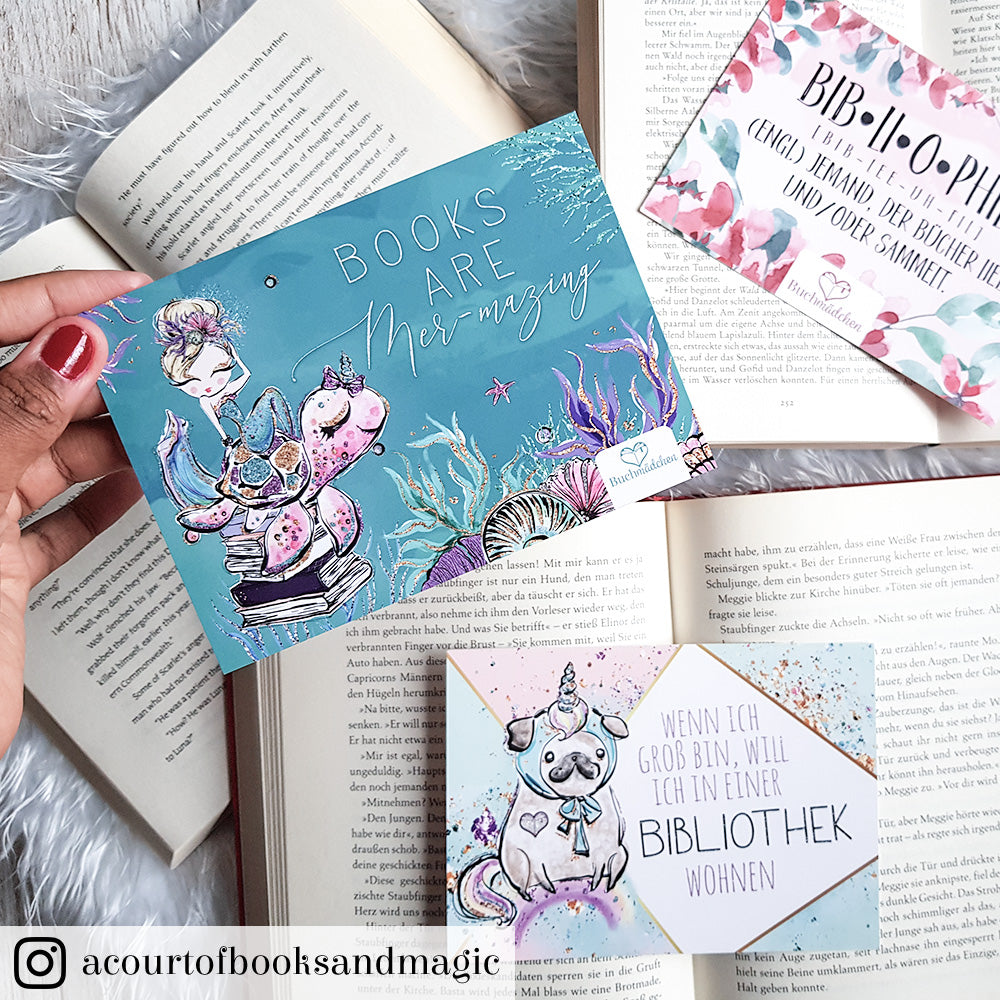 Glitzer Postkarte »Books are mer-mazing«