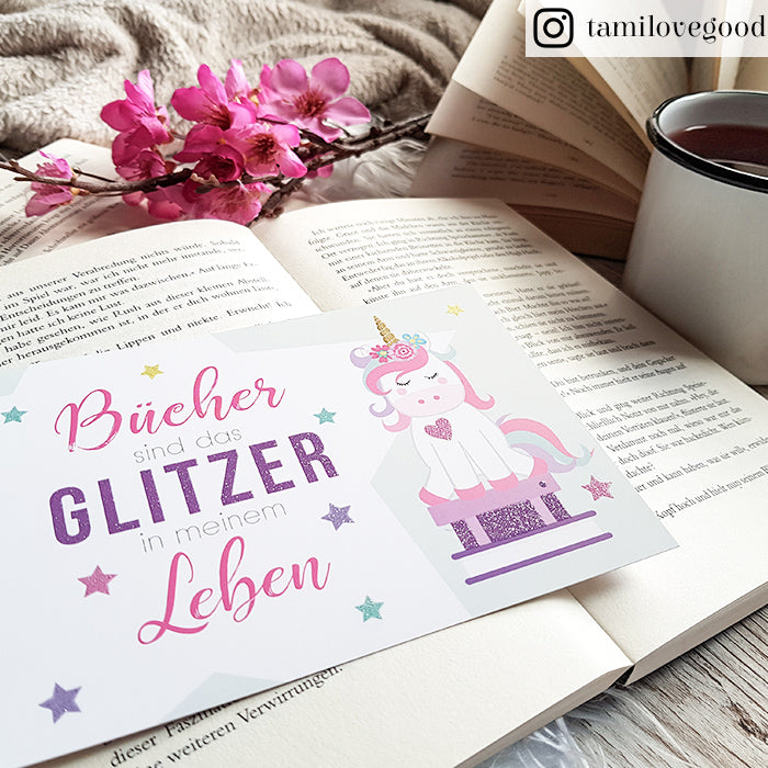Glitzer Postkarte »Bücher sind das Glitzer in meinem Leben«