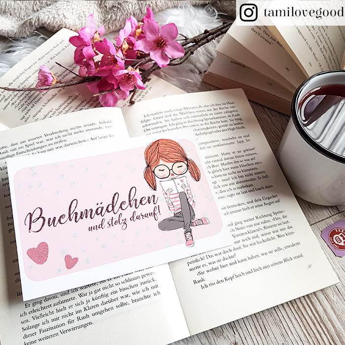 Glitzer Postkarte »Buchmädchen«