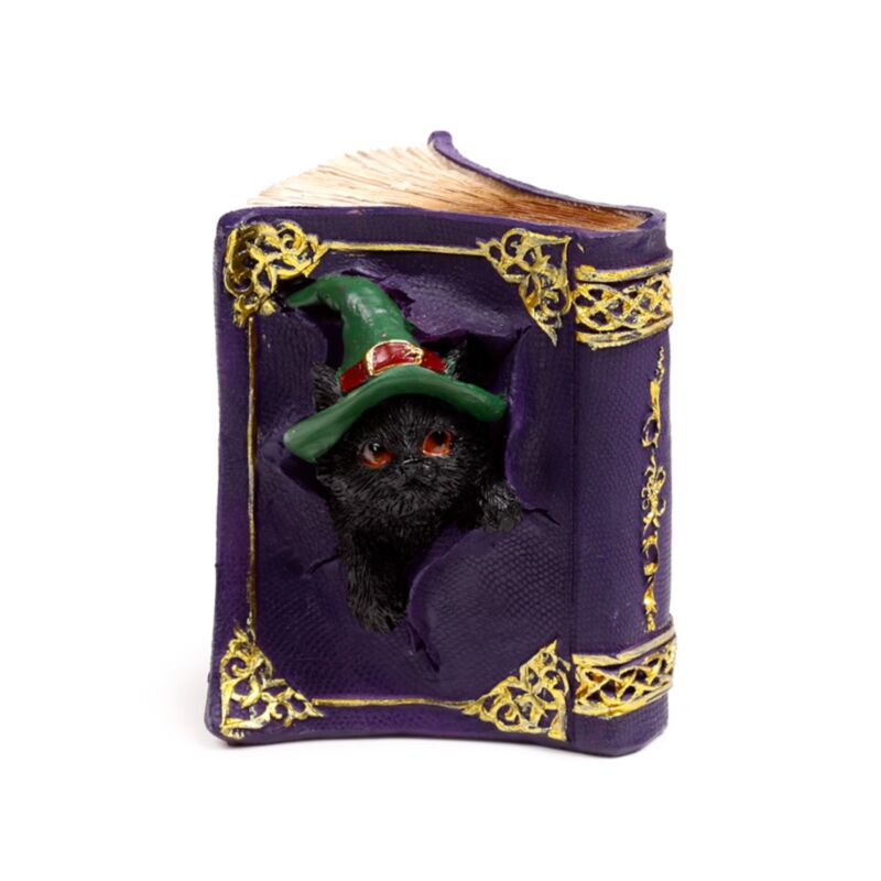 Dekofigur Schwarze Katze aus Zauberbuch kletternd