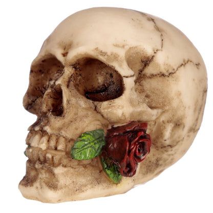 Dekofigur Totenkopf mit Rosen zwischen den Zähnen