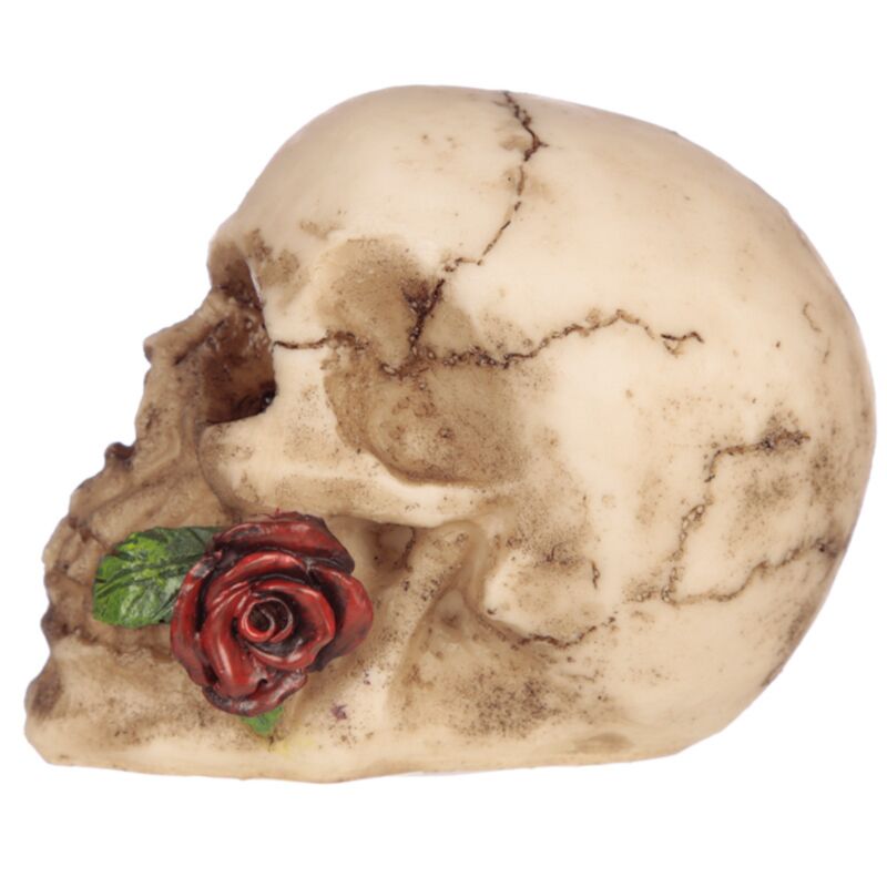 Dekofigur Totenkopf mit Rosen zwischen den Zähnen