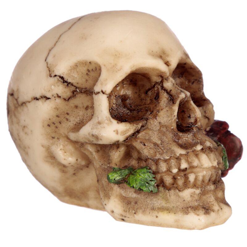 Dekofigur Totenkopf mit Rosen zwischen den Zähnen