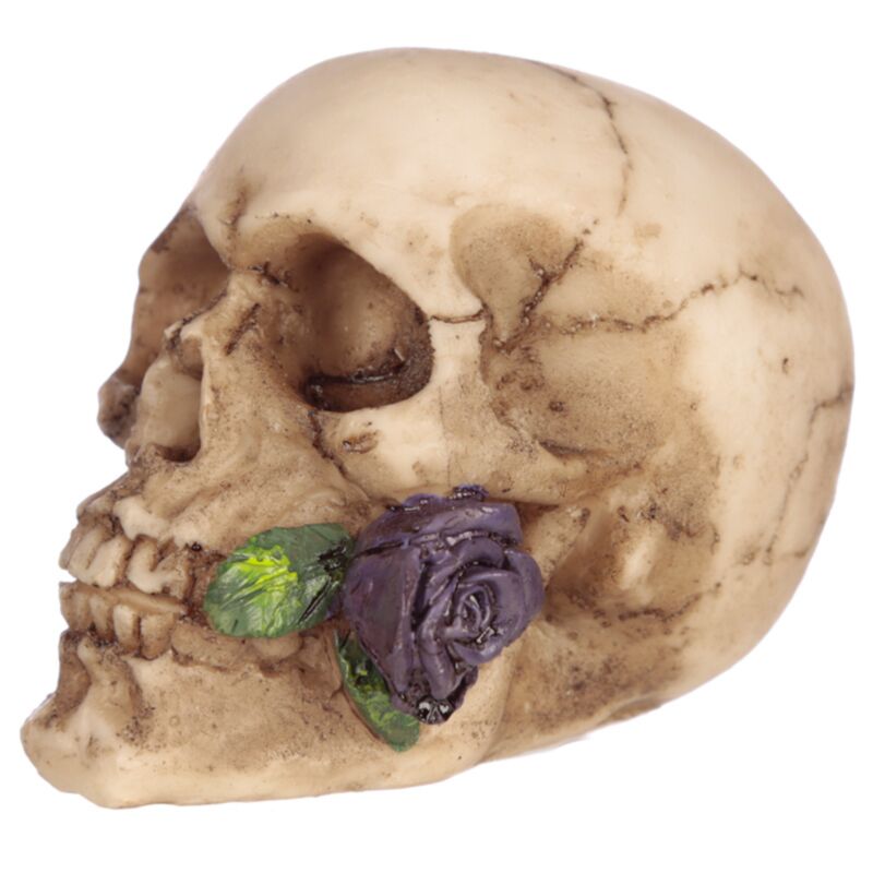 Dekofigur Totenkopf mit Rosen zwischen den Zähnen