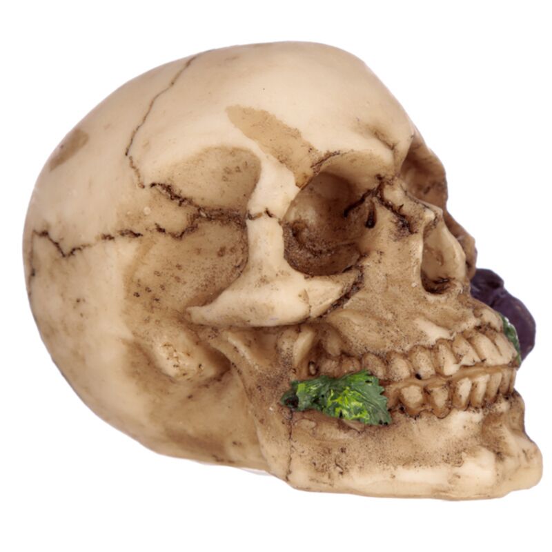 Dekofigur Totenkopf mit Rosen zwischen den Zähnen