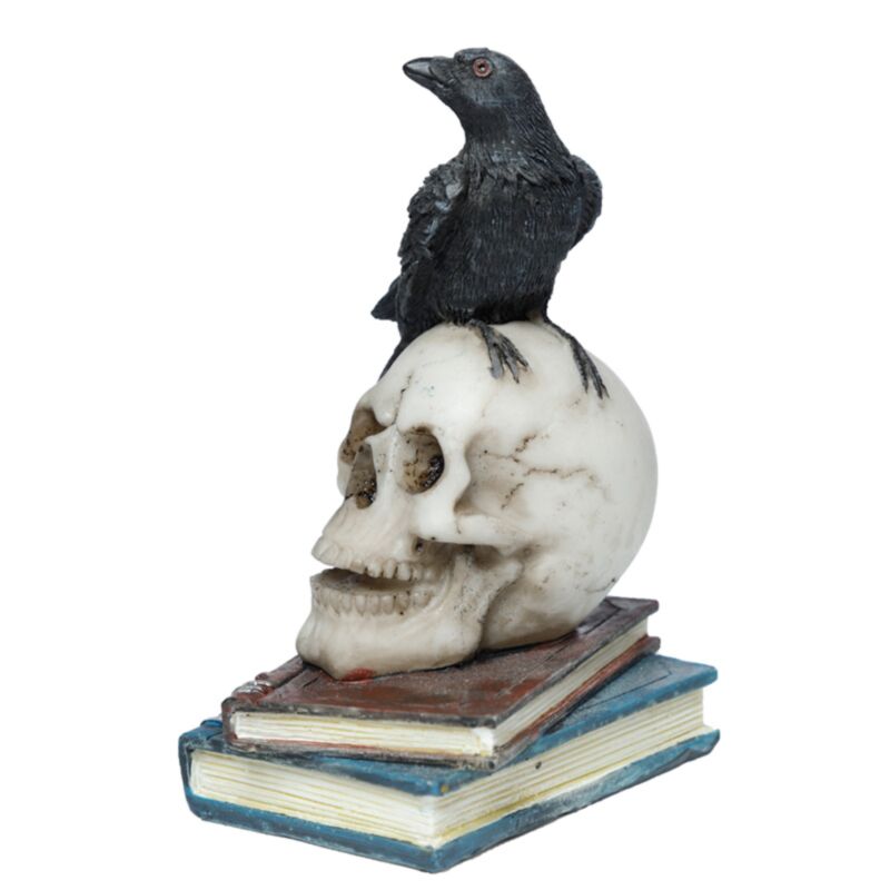 Dekofigur Krähe stehend auf Totenkopf und Büchern