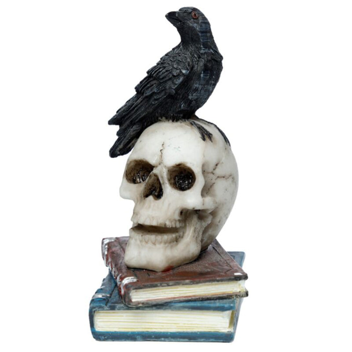 Dekofigur Krähe stehend auf Totenkopf und Büchern