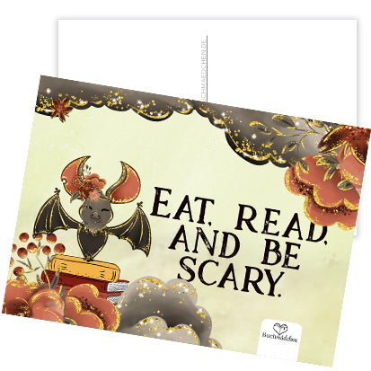 Glitzer-Postkarte »Eat, read and be scary«