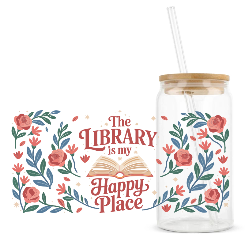 Glastumbler »The Library is my happy place«